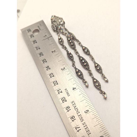 Long Duster Earings 5"Aurora Borealis Crystal Marquesite Post Earrings Vintage - Picture 3 of 9